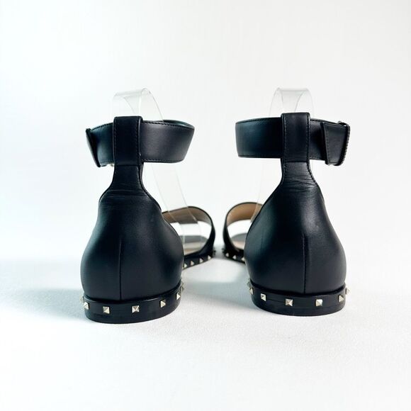 VALENTINO Black Flat Rockstud City Soul Sandal Size 39.5 US 9.5 Ankle Strap - Picture 6 of 12
